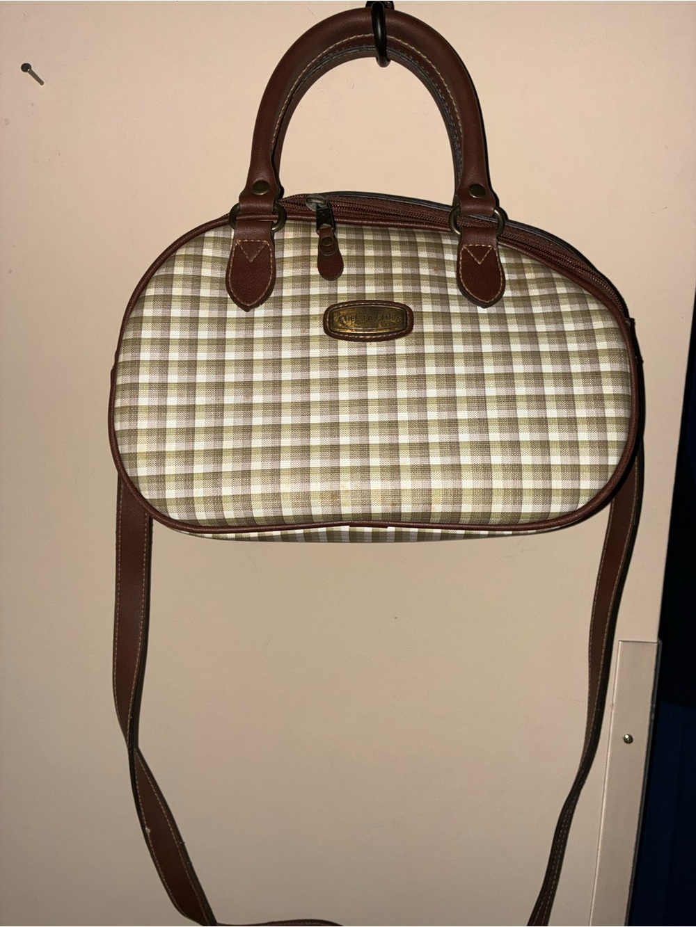 Plaid Crossbody Bag with Brown Trim
